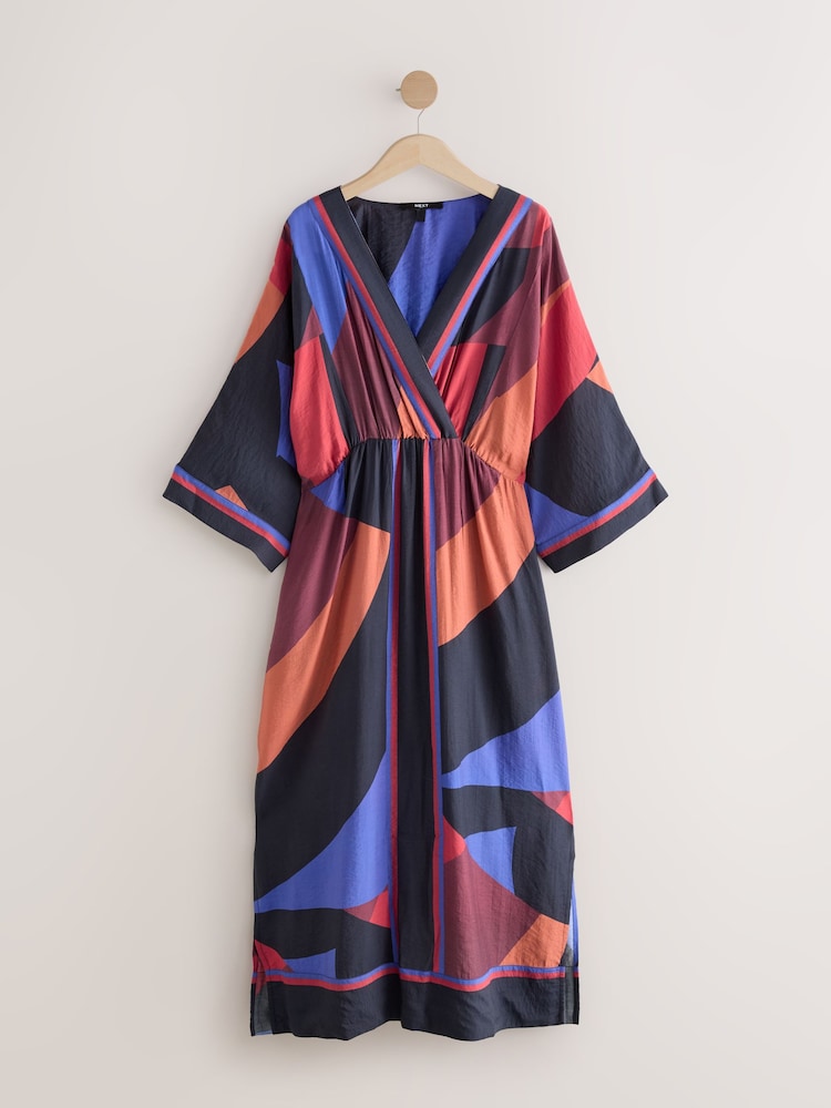 Red/Blue Abstract Print V-Neck Kaftan Maxi Dress - Image 6 of 8
