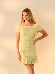 Pastel Green Gingham Shirred Puff Sleeve Mini Dress - Image 1 of 5