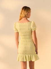 Pastel Green Gingham Shirred Puff Sleeve Mini Dress - Image 3 of 5