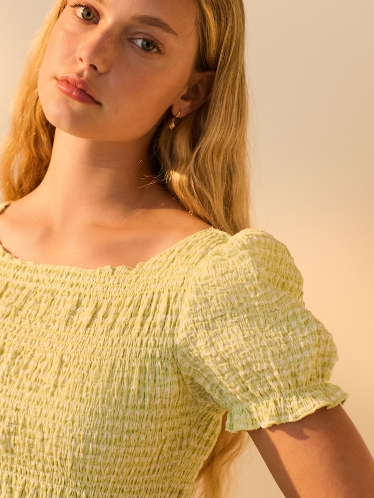 Pastel Green Gingham Shirred Puff Sleeve Mini Dress - Image 4 of 5