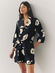 Monocromático de flores - 100% Cotton Tie Waist Puff Sleeve Mini Shirt Playsuit - Imagen 1 de 8