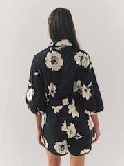 Monocromático de flores - 100% Cotton Tie Waist Puff Sleeve Mini Shirt Playsuit - Imagen 3 de 8