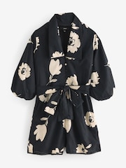 Monocromático de flores - 100% Cotton Tie Waist Puff Sleeve Mini Shirt Playsuit - Imagen 6 de 8