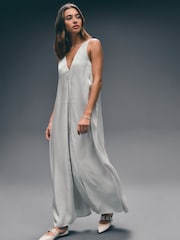 Champagne Gold Metallic V-Neck Wide Leg Jumpsuit - Image 1 of 8
