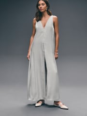 Champagne Gold Metallic V-Neck Wide Leg Jumpsuit - Image 3 of 8