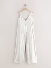 Champagne Gold Metallic V-Neck Wide Leg Jumpsuit - Image 5 of 8
