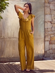 Ochre Yellow Ruffled Tie Back Wide Leg Boho 100% Cotton Jumpsuit - Image 1 of 8