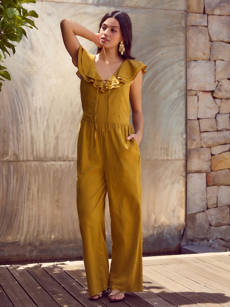 Ochre Yellow Ruffled Tie Back Wide Leg Boho 100% Cotton Jumpsuit - Image 1 of 8