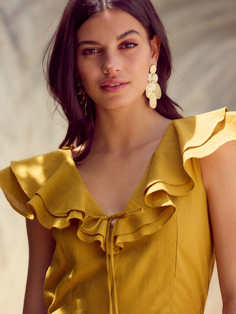 Ochre Yellow Ruffled Tie Back Wide Leg Boho 100% Cotton Jumpsuit - Image 2 of 8
