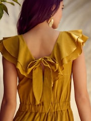 Ochre Yellow Ruffled Tie Back Wide Leg Boho 100% Cotton Jumpsuit - Image 4 of 8