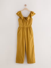 Ochre Yellow Ruffled Tie Back Wide Leg Boho 100% Cotton Jumpsuit - Image 5 of 8