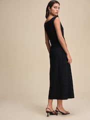 Black Boat Neck Maxi Linen Blend Dress - Image 3 of 4