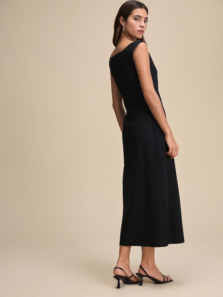 Black Boat Neck Maxi Linen Blend Dress - Image 3 of 4