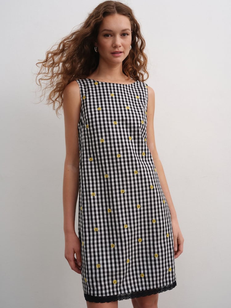 Black/White Gingham Embroidered Daisy Mini Shift Dress - Image 1 of 4