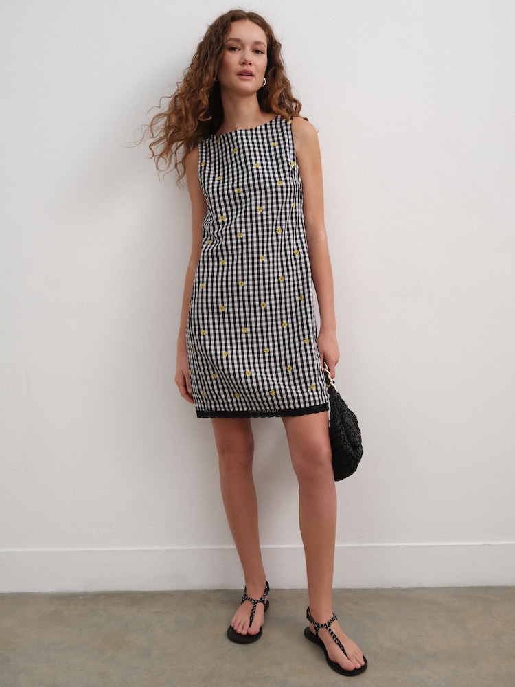 Black/White Gingham Embroidered Daisy Mini Shift Dress - Image 2 of 4