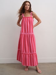 Red/Pink Stripe Square Neck Maxi Summer Dress - Image 1 of 8