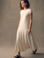 Ecru White Cap Sleeve Jacquard Midi Dress - Image 1 of 9