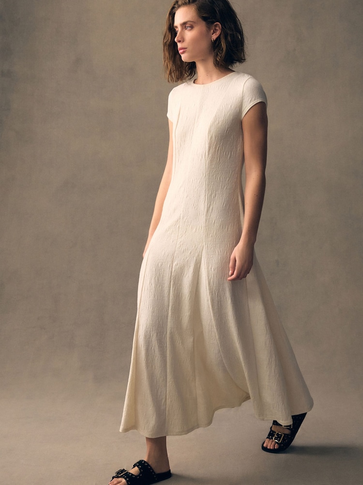 Ecru White Cap Sleeve Jacquard Midi Dress - Image 1 of 9