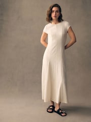 Ecru White Cap Sleeve Jacquard Midi Dress - Image 2 of 9