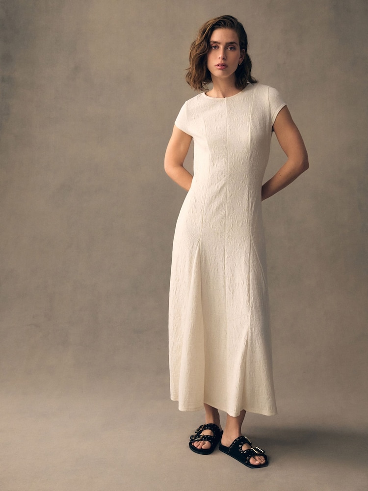 Ecru White Cap Sleeve Jacquard Midi Dress - Image 2 of 9