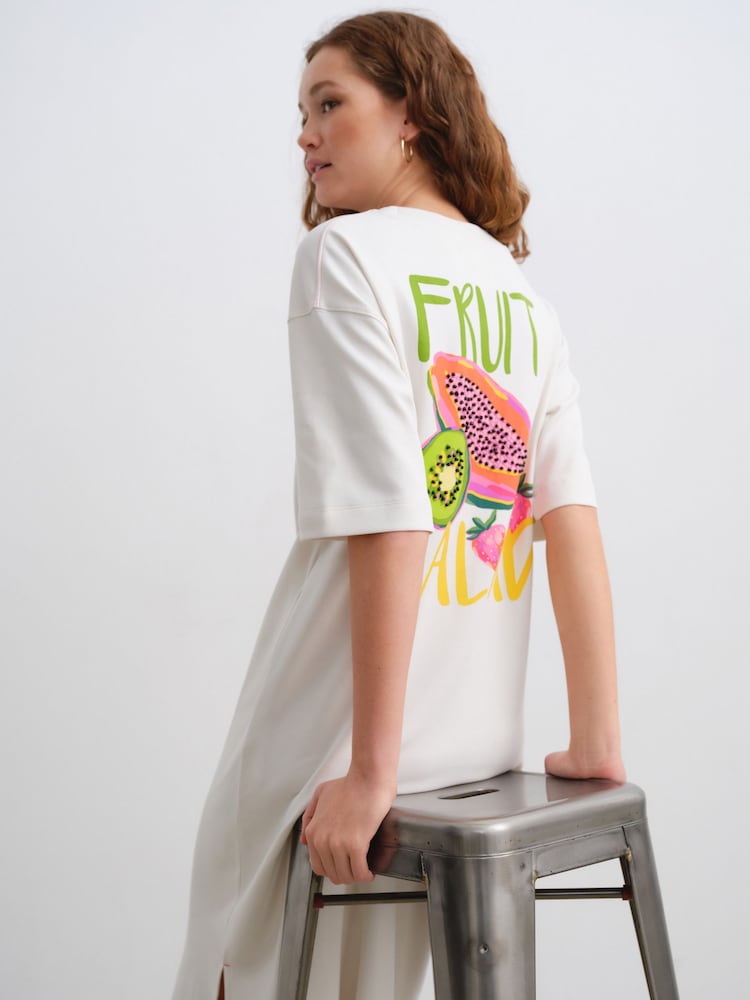 Кремовый с принтом фруктов Off White - Платье миди с короткими рукавами и круглым вырезом на спине с графическим принтом - Image 1 of 9