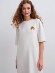Кремовый с принтом фруктов Off White - Платье миди с короткими рукавами и круглым вырезом на спине с графическим принтом - Image 2 of 9