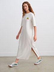Кремовый с принтом фруктов Off White - Платье миди с короткими рукавами и круглым вырезом на спине с графическим принтом - Image 3 of 9