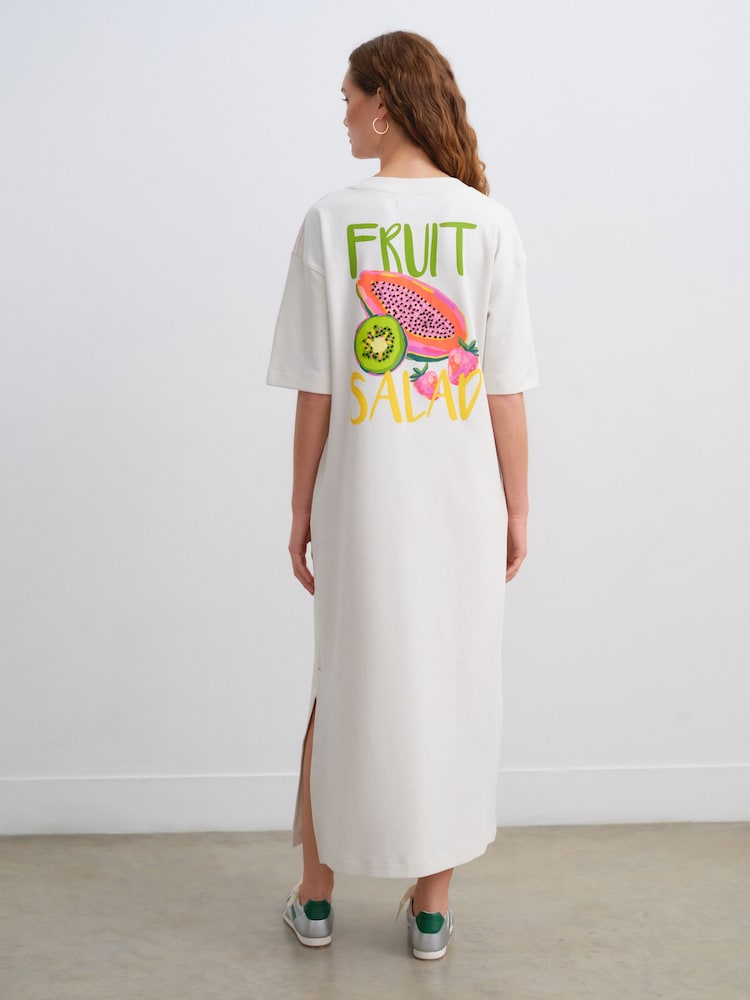 Off White Cream Fruit Graphic Short Sleeve Crew Neck Jersey Back Graphic Midi Dress - Image 4 of 9