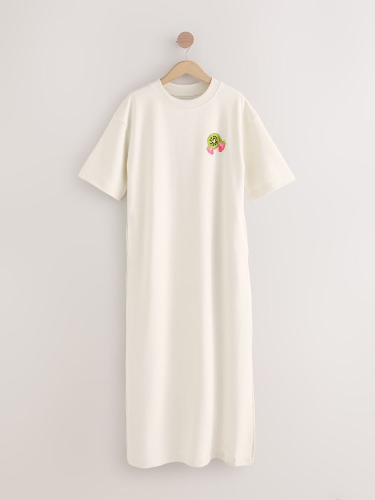 Off White Cream Fruit Graphic Short Sleeve Crew Neck Jersey Back Graphic Midi Dress - Image 6 of 9