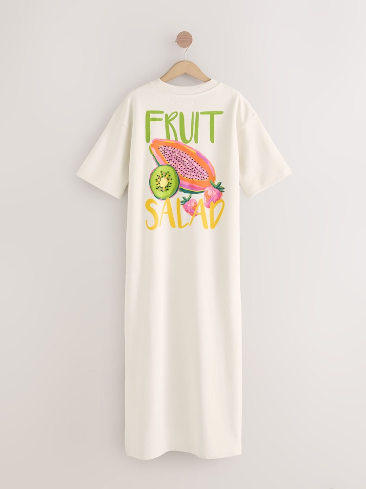 Off White Cream Fruit Graphic Short Sleeve Crew Neck Jersey Back Graphic Midi Dress - Image 7 of 9