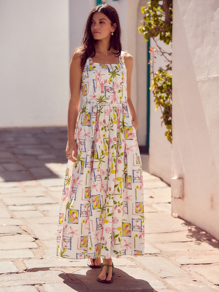 White Postcard Print 100% Cotton Square Neck A-Line Midi Dress - Image 1 of 7
