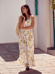 White Postcard Print 100% Cotton Square Neck A-Line Midi Dress - Image 2 of 7