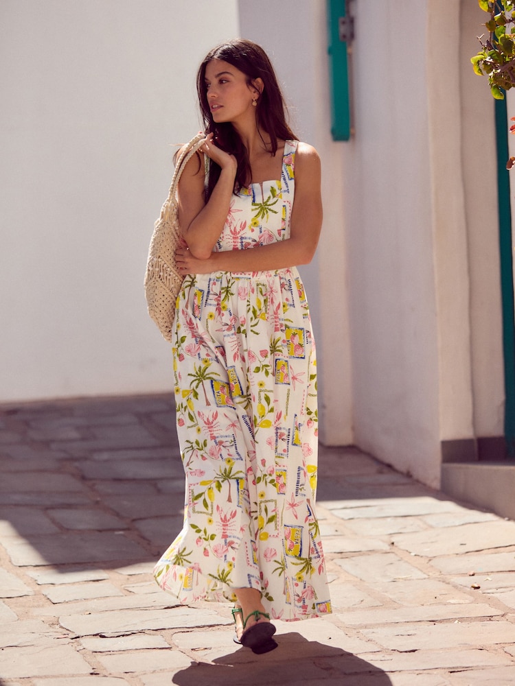 White Postcard Print 100% Cotton Square Neck A-Line Midi Dress - Image 2 of 7
