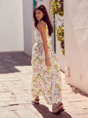 White Postcard Print 100% Cotton Square Neck A-Line Midi Dress - Image 3 of 7