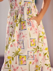 White Postcard Print 100% Cotton Square Neck A-Line Midi Dress - Image 4 of 7