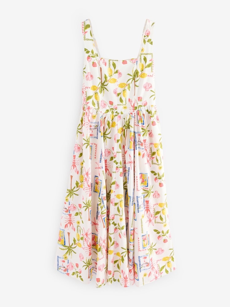 White Postcard Print 100% Cotton Square Neck A-Line Midi Dress - Image 5 of 7