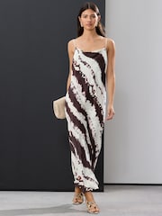 Cream/Brown Cow Print Satin Cowl Neck Strappy Tie Back Midi Slip Dress - Image 1 of 8