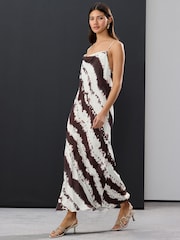 Cream/Brown Cow Print Satin Cowl Neck Strappy Tie Back Midi Slip Dress - Image 2 of 8