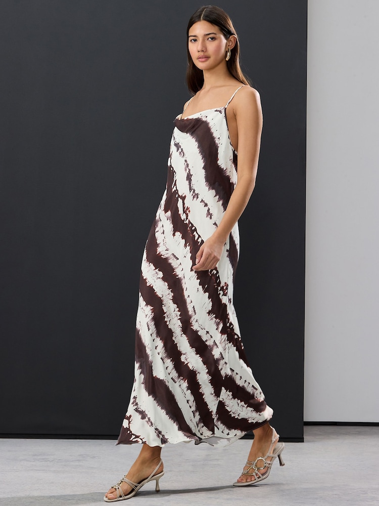 Cream/Brown Cow Print Satin Cowl Neck Strappy Tie Back Midi Slip Dress - Image 2 of 8 Cream/Brown Cow Print Satin Cowl Neck Strappy Tie Back Midi Slip Dress - Image 2 of 8
