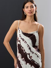 Cream/Brown Cow Print Satin Cowl Neck Strappy Tie Back Midi Slip Dress - Image 3 of 8
