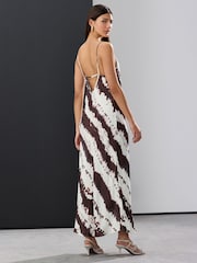 Cream/Brown Cow Print Satin Cowl Neck Strappy Tie Back Midi Slip Dress - Image 4 of 8