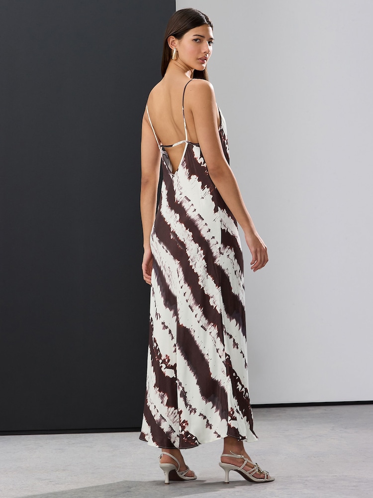 Cream/Brown Cow Print Satin Cowl Neck Strappy Tie Back Midi Slip Dress - Image 4 of 8