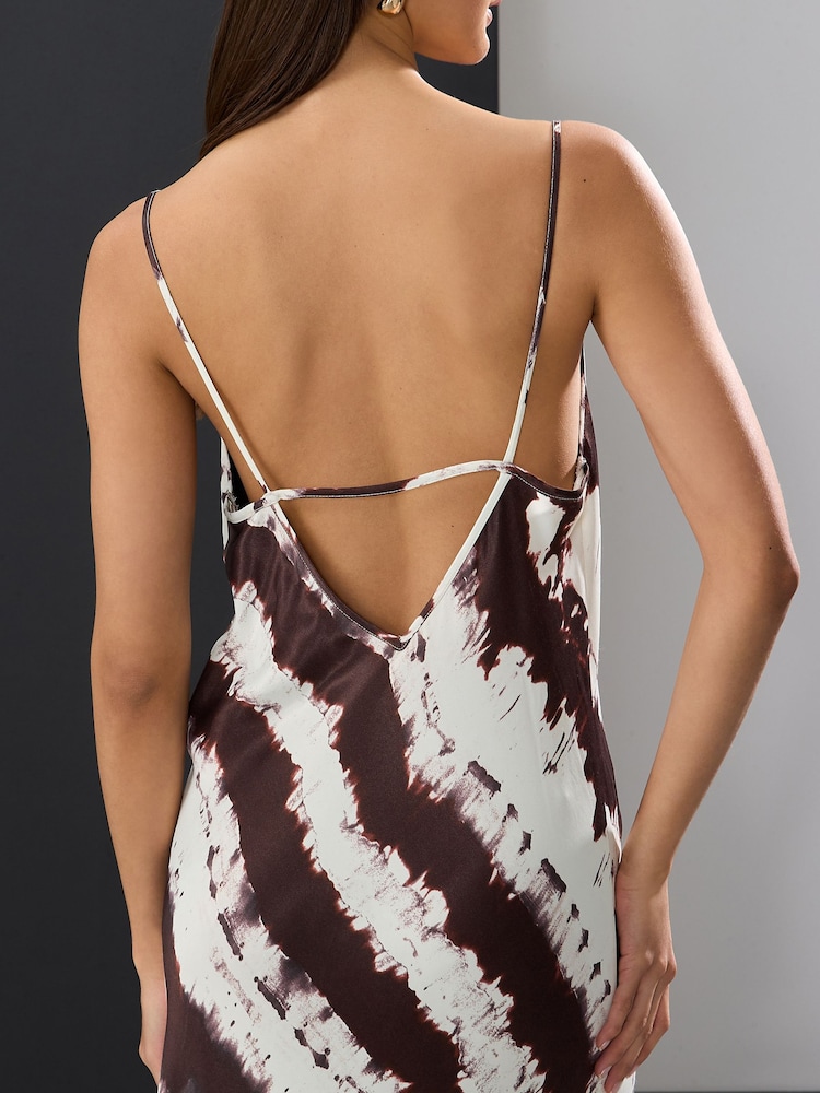 Cream/Brown Cow Print Satin Cowl Neck Strappy Tie Back Midi Slip Dress - Image 5 of 8