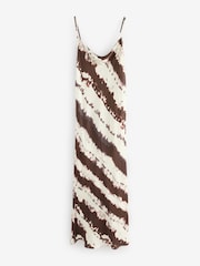 Cream/Brown Cow Print Satin Cowl Neck Strappy Tie Back Midi Slip Dress - Image 6 of 8