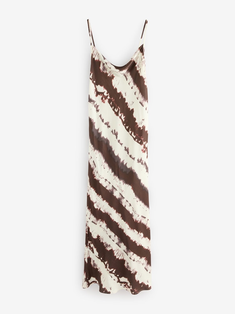 Cream/Brown Cow Print Satin Cowl Neck Strappy Tie Back Midi Slip Dress - Image 6 of 8