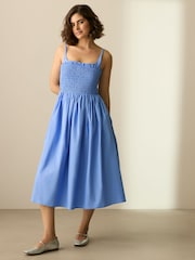 Kornblumenblau - Square Neck Shirred Poplin Midi Dress - Bild 1 von 6