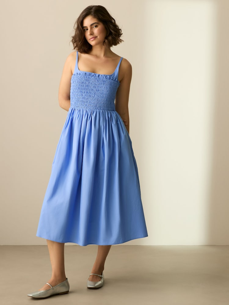 Kornblumenblau - Square Neck Shirred Poplin Midi Dress - Bild 1 von 6