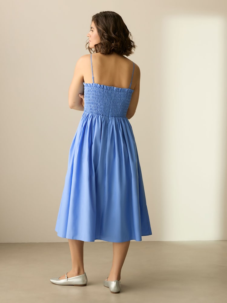 Kornblumenblau - Square Neck Shirred Poplin Midi Dress - Bild 2 von 6