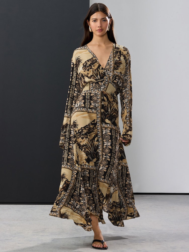 Brown Tile Print Asymmetric Kaftan Maxi Dress - Image 1 of 7
