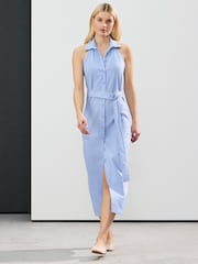 Light Blue Halterneck Collar Midi Shirt Linen Blend Dress - Image 1 of 7